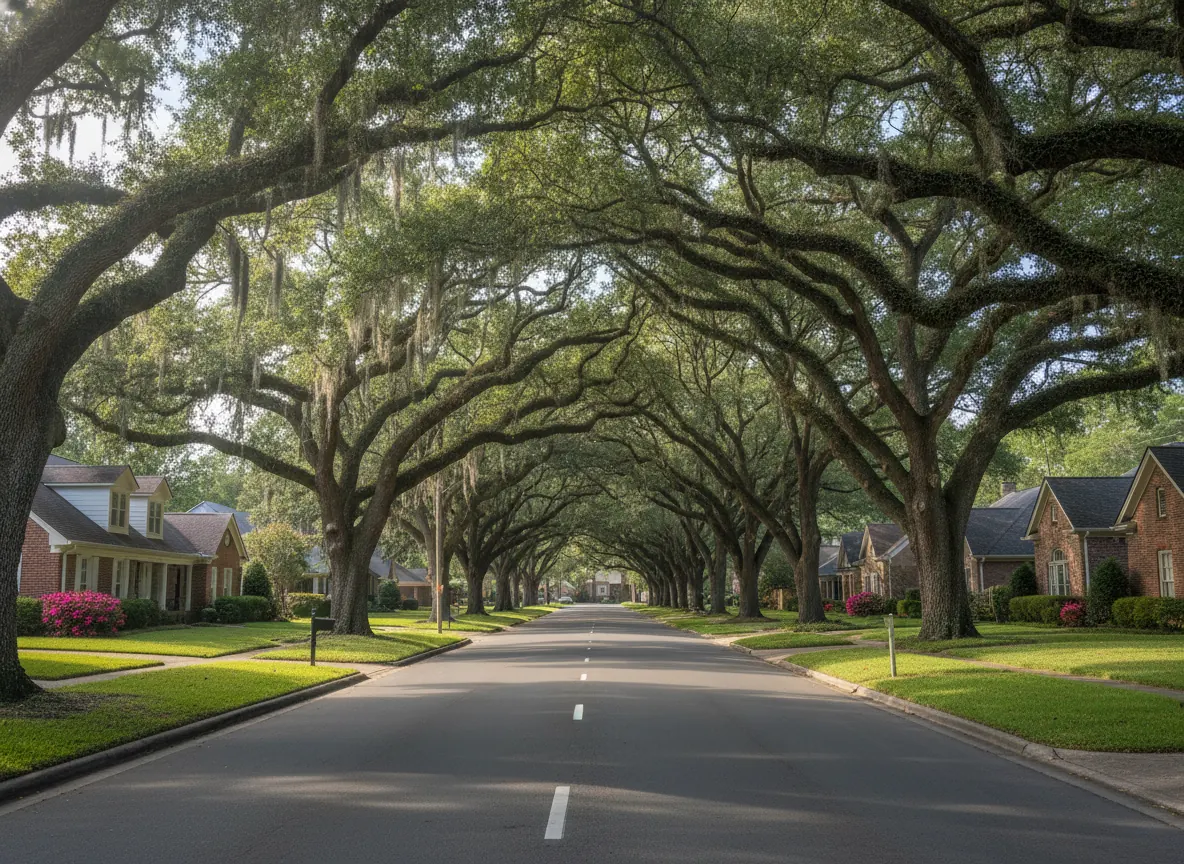 Baton Rouge street lined with live oaks and homes with gutters