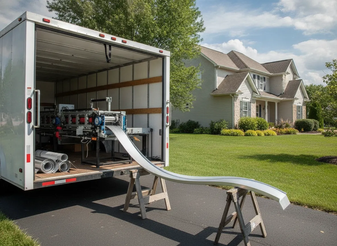 Seamless gutter machine forming a continuous aluminum gutter in a driveway