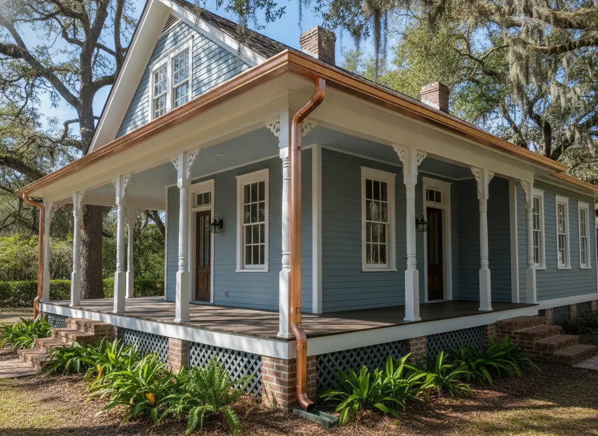 Copper half-round gutter and round downspout on a historic cottage