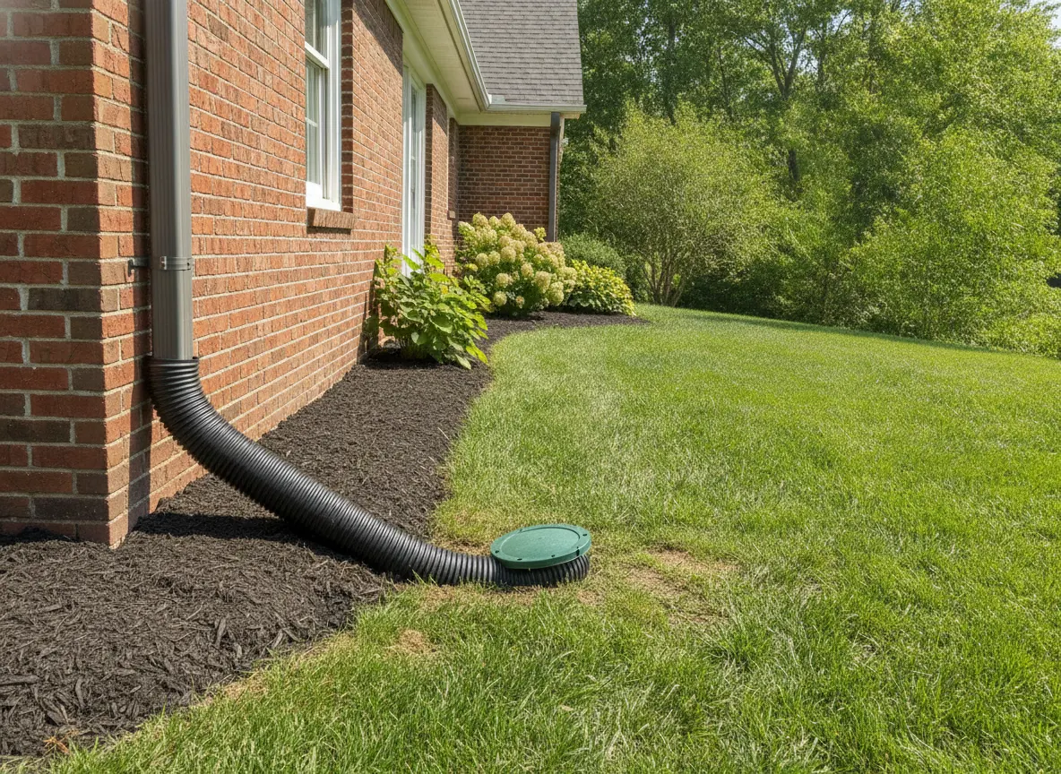 Downspout connected to an underground drain line with a pop-up emitter in the lawn
