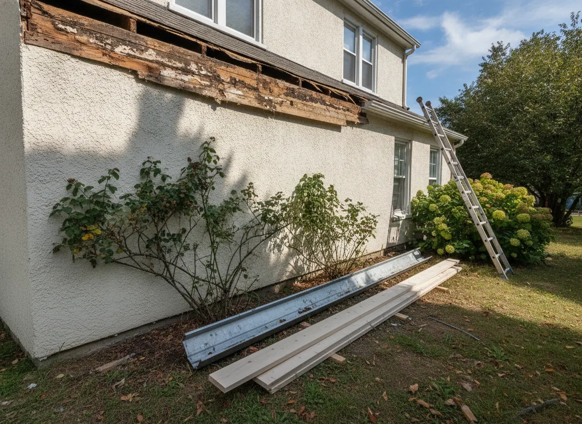 Fascia board with water rot exposed after an old gutter was removed